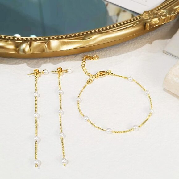 Jewelry Y Layered Silver Women Dainty Pearl Choker Earring Bracelet Wedding Gift - Picture 7 of 7